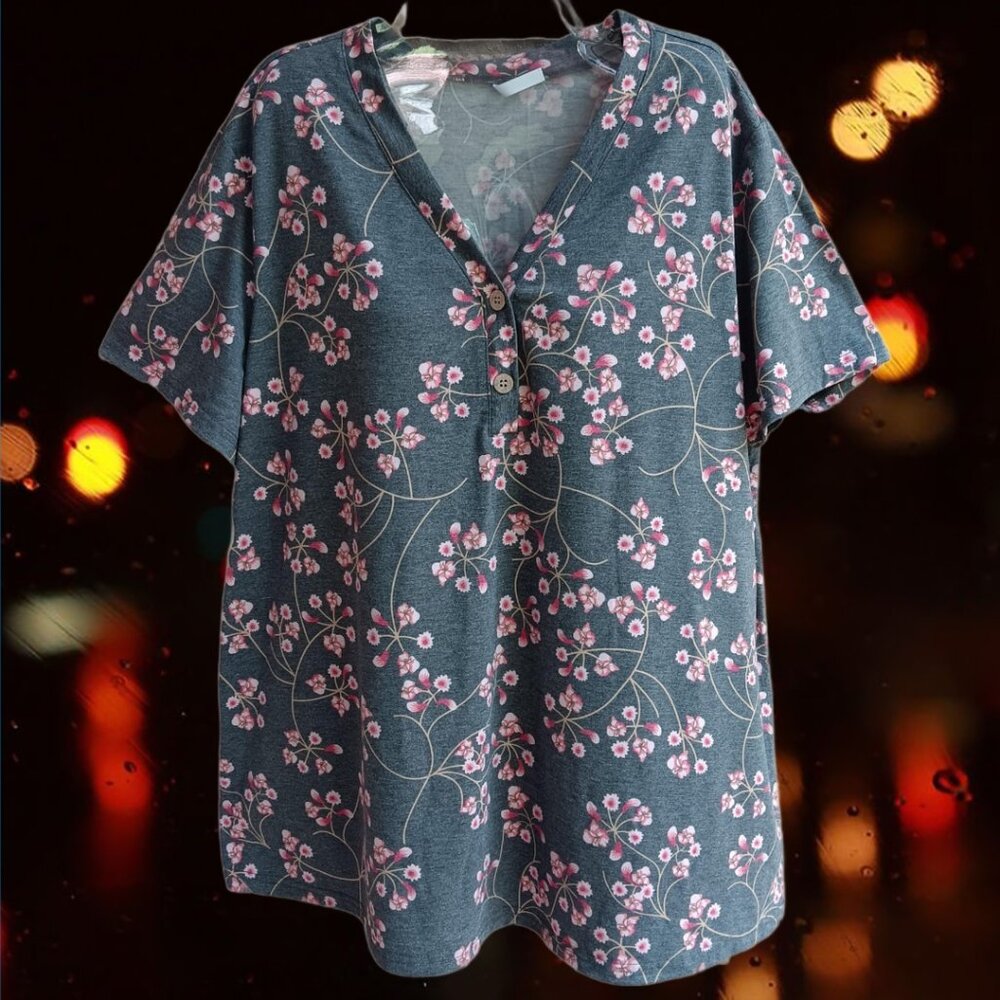 BISHUIGE Womens Henley Tunic Tops T-Shirts Short Sleeve V-Neck Casual Size 2XL